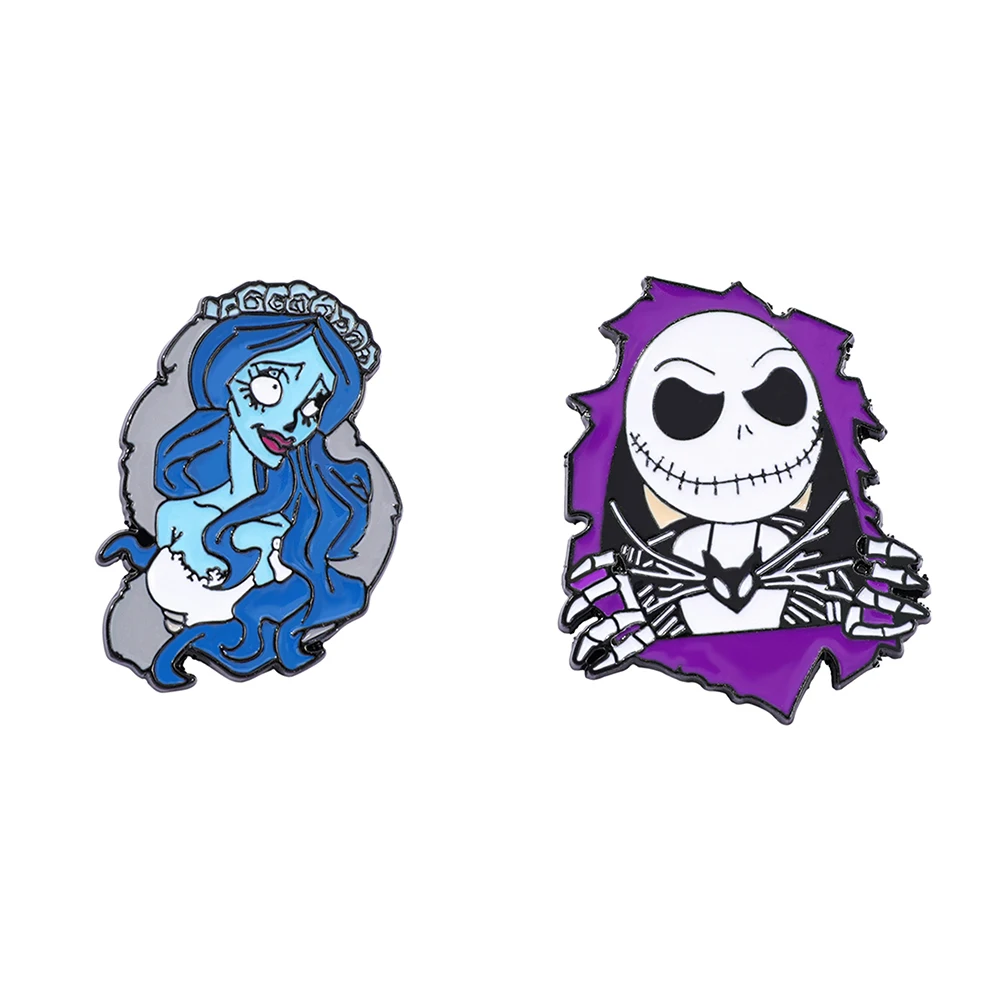 Broche de novia cadáver de dibujos animados, Pin esmaltado individual de Jack Skellington, insignia de Metal, joyería, ropa, accesorios para mochila, 2 uds.