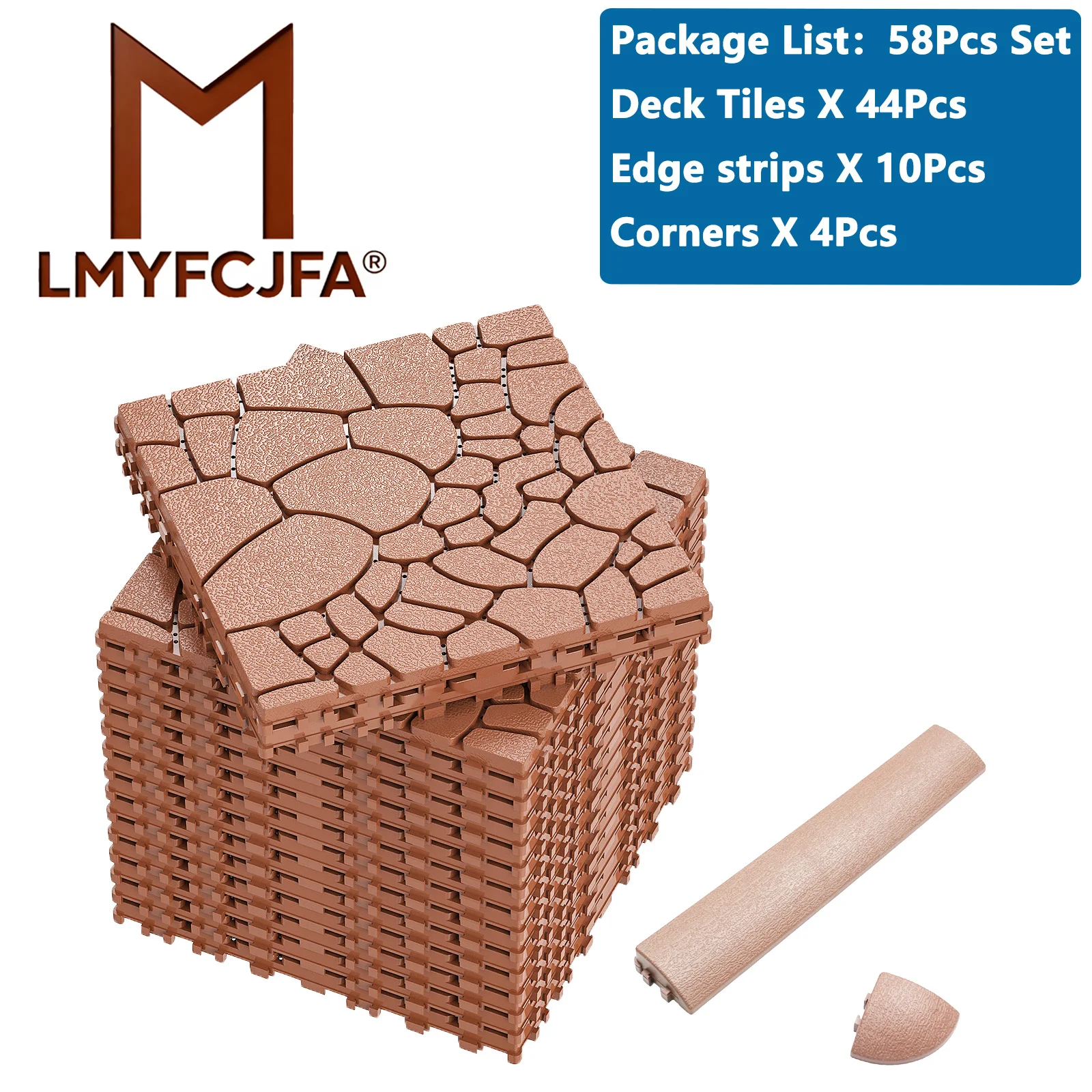 

58pcs Coverage Stone Texture Plastic Interlocking Deck Tiles Suitable for 12'x12' Outdoor Flooring, Non-Slip Snap-Together Panels with R-Corner Edges, -Free Installation for Patios, Balconies, Backyards,
