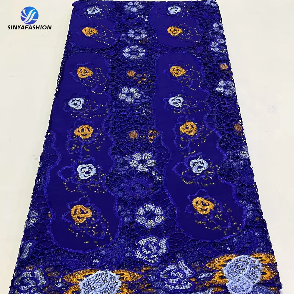 

Sinya Royal Blue Embroidery Stones African Cotton Lace Fabric High Quality Guipure Cord Lace Laser Swiss Voile Lace Fabric Women