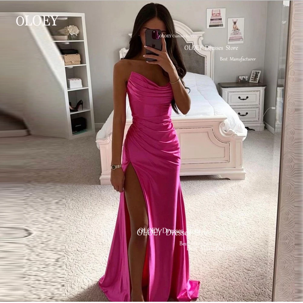 OLOEY gaun malam panjang putri duyung seksi Fuschia dengan belahan tinggi lipatan pesta gaya Arab gaun Prom pesta Formal Vestido de noche 2023