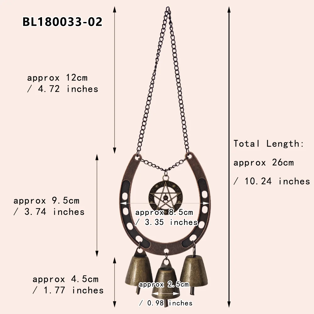Gothic Witchy Horseshoe 3Bells Chime with Dragon & Pentagram Charms Door Protection for Good Luck Unique Home Decor Wind Chimes
