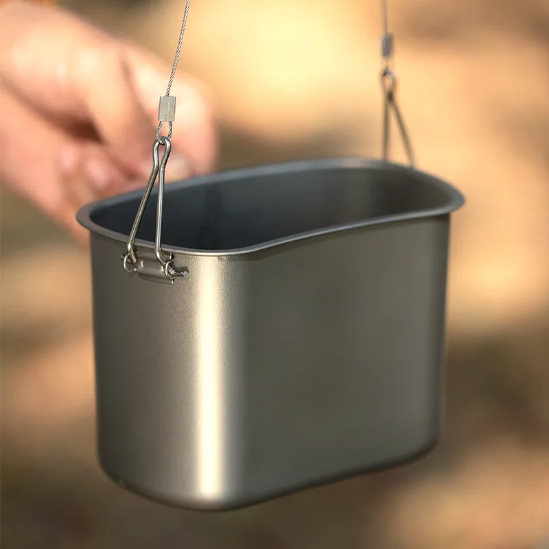 طقم أواني طهي متعددة الوظائف للاستخدام الخارجي من التيتانيوم النقي، صندوق غداء محمول مع وعاء معلق خفيف الوزن للتخييم والتسلق