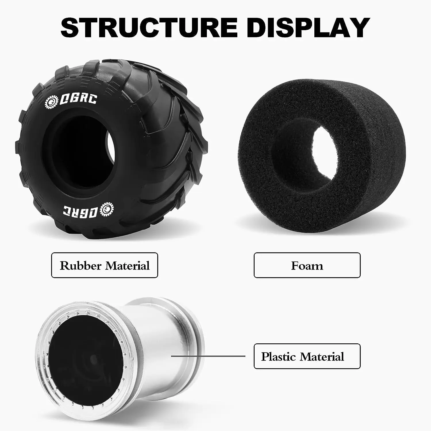 OGRC 1.0 Monster Truck Wheel Rim Tires Set for FCX24 SCX24 C10 JLU Deadbolt Gladiator Bronco 1/24 Crawler Car