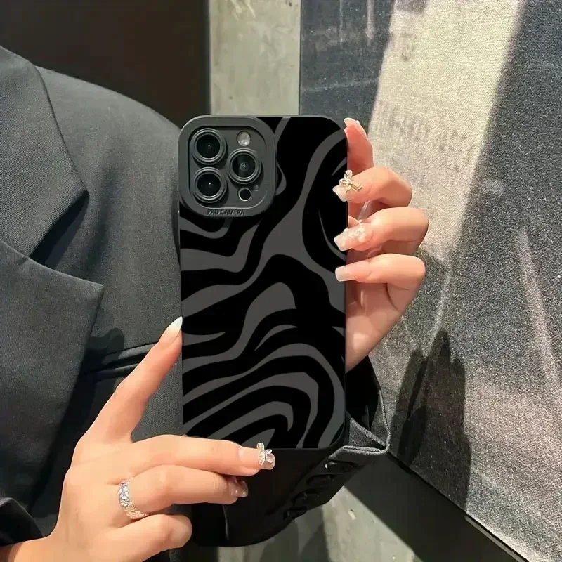 Casing ponsel silikon hitam motif gelombang, penutup lunak tahan guncangan untuk iPhone 15 14 13 12 11 Pro Max XS X XR 7 8 Plus