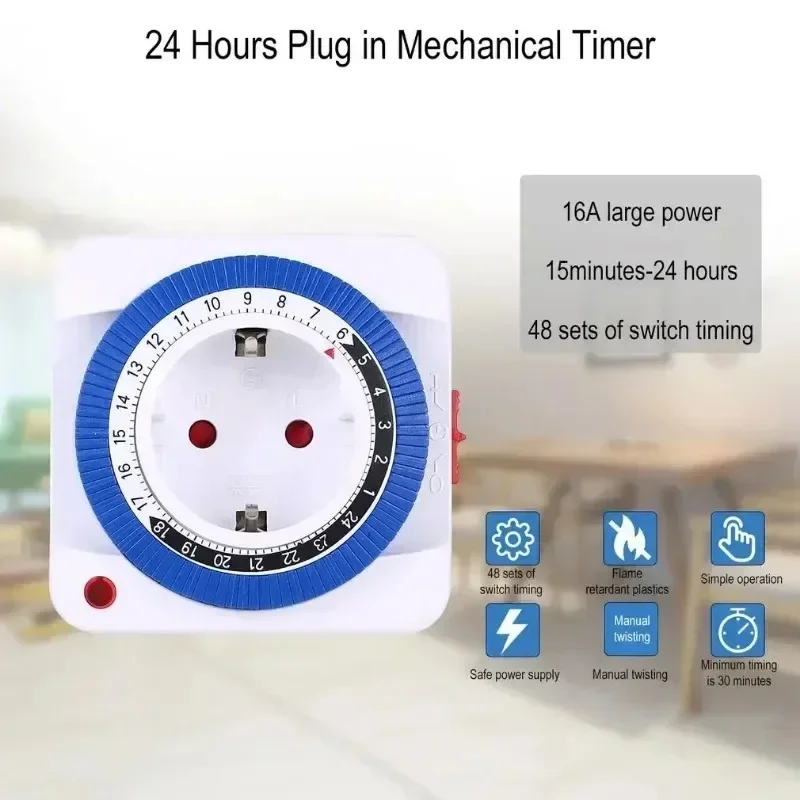 EU 24 Hours Timer Switch Timer Plug in Mechanical Grounded Programmable Smart Countdown loop Switch Socket Indoor Auto Power off