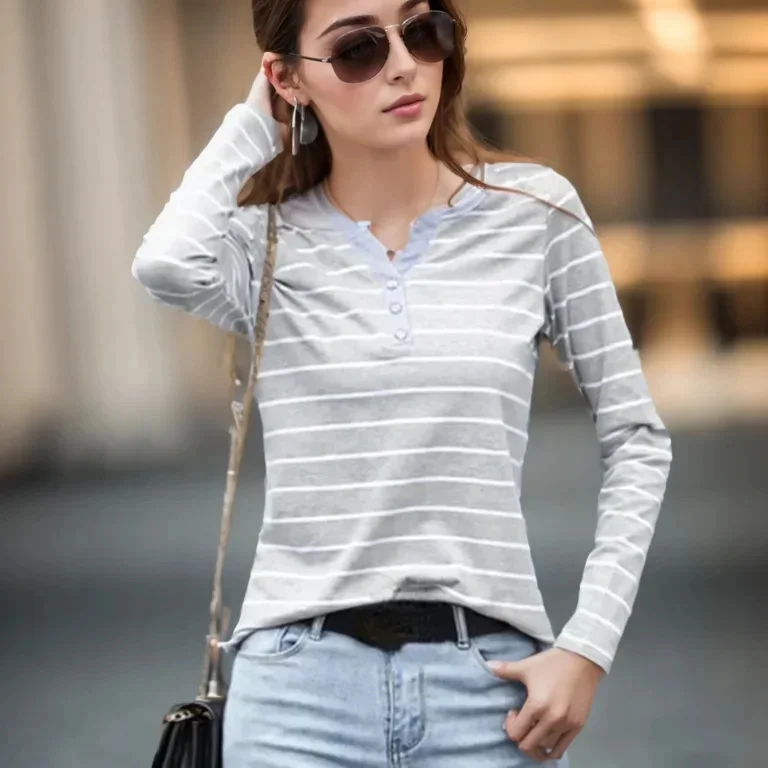 Women Spring Autumn Style Blouse shirts Tops Lady Casual Long Sleeve Striped Printed V-Neck Tops Tee