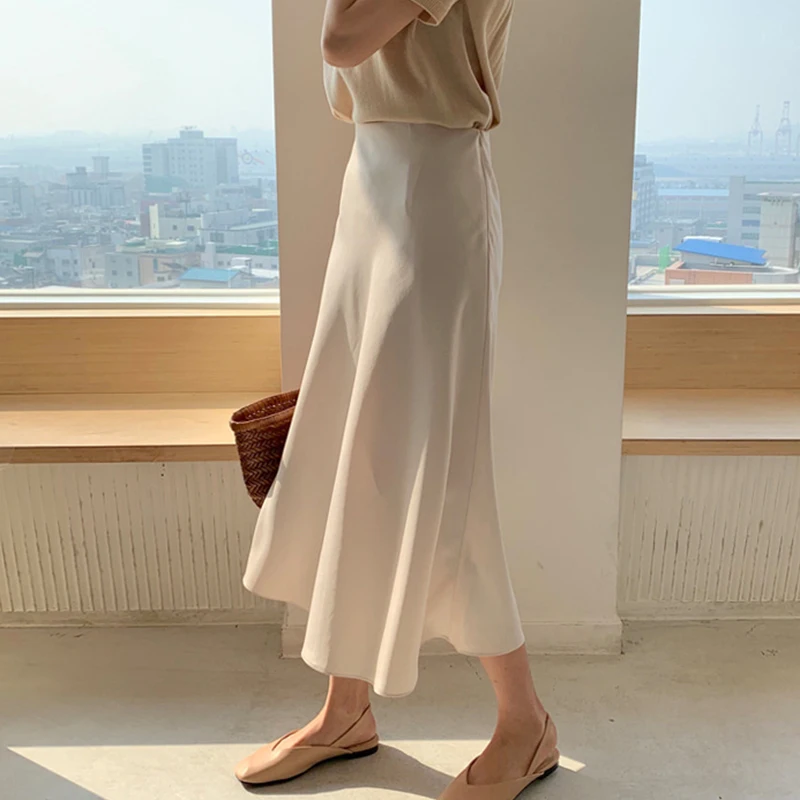

Chic High Waist Long Over-Knee A-Line Midi Skirt for Women Ele Gentle Spring Color Blo Maxi Skirt Women's Faion