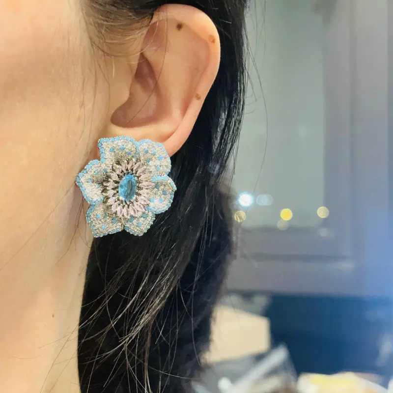 Bilincolor Fashion Blue Flower Stud Earring for Women Wedding