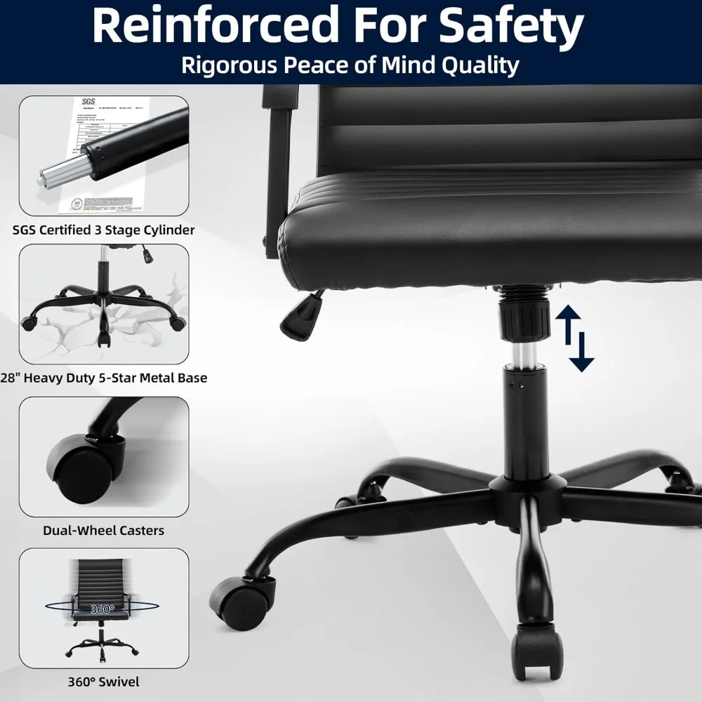 人間工学に基づいたエグゼクティブ会議室用チェア、リブ付きレザーデスクチェア（ランバーサポート付き）、高さ調節可能なミッドタイプ