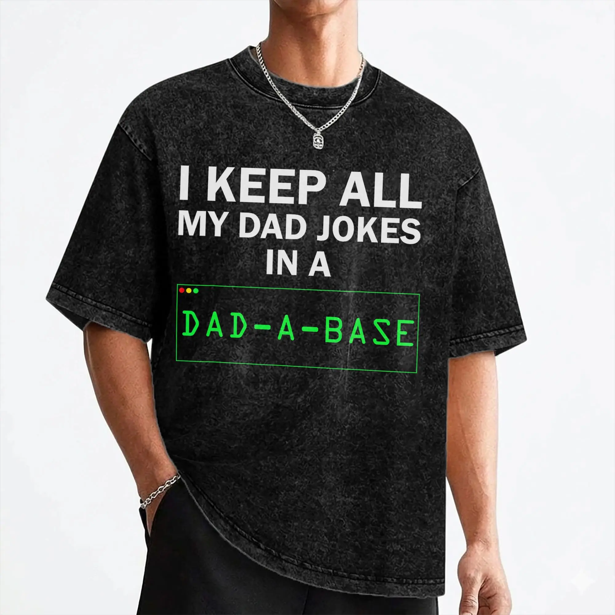 Camiseta de manga corta lavada con la frase 'I Keep All My Dad Jokes In A Dad A Base', estilo vintage para el Día del Padre, para hombre y mujer, estilo streetwear