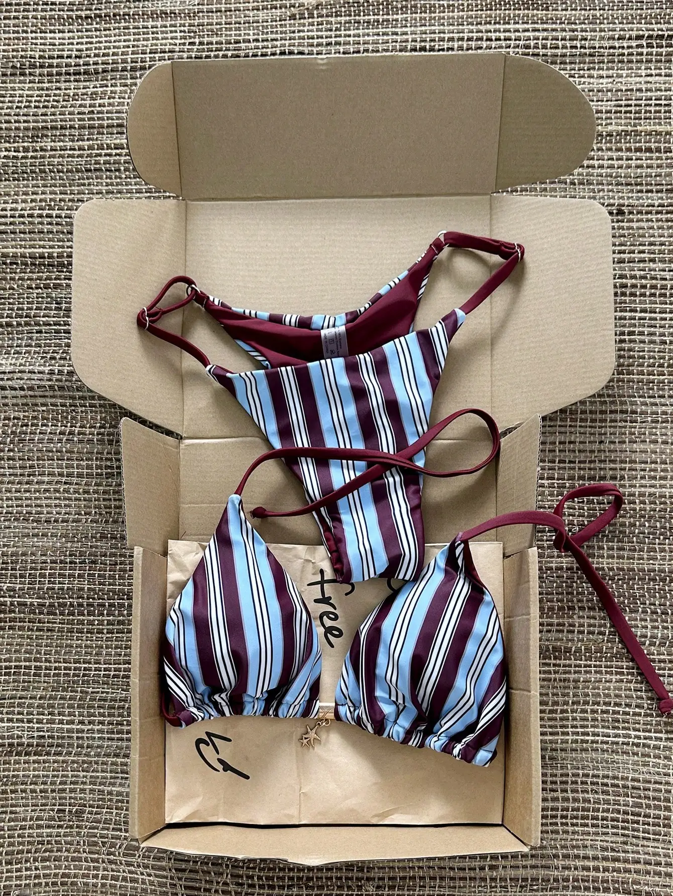 

Women Striped Halter Triangle Bikini Set With Metal Star Charm