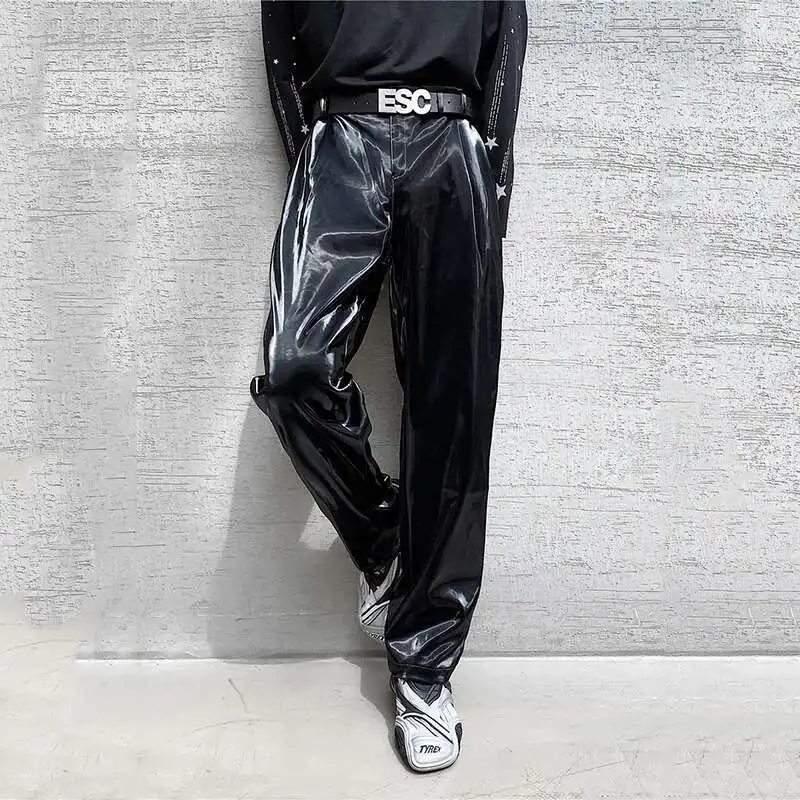 LUZHEN Trendy Elegant Men's Glossy Leather Straight Casual Pants High Quality Street Pu Stretch Trousers 2025 Stylish New 5fe326