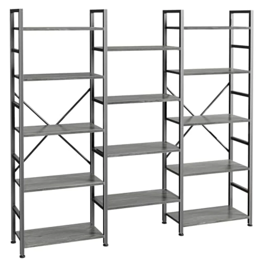 

Home office triple bookshelf with 14 open grey shelves 5-tier wide book case for display and storage