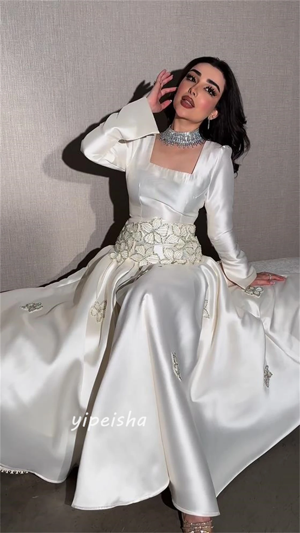 Customized Jiayigong s Applique Draped  A-line Square Collar Bespoke Occasion Gown Long Dresses