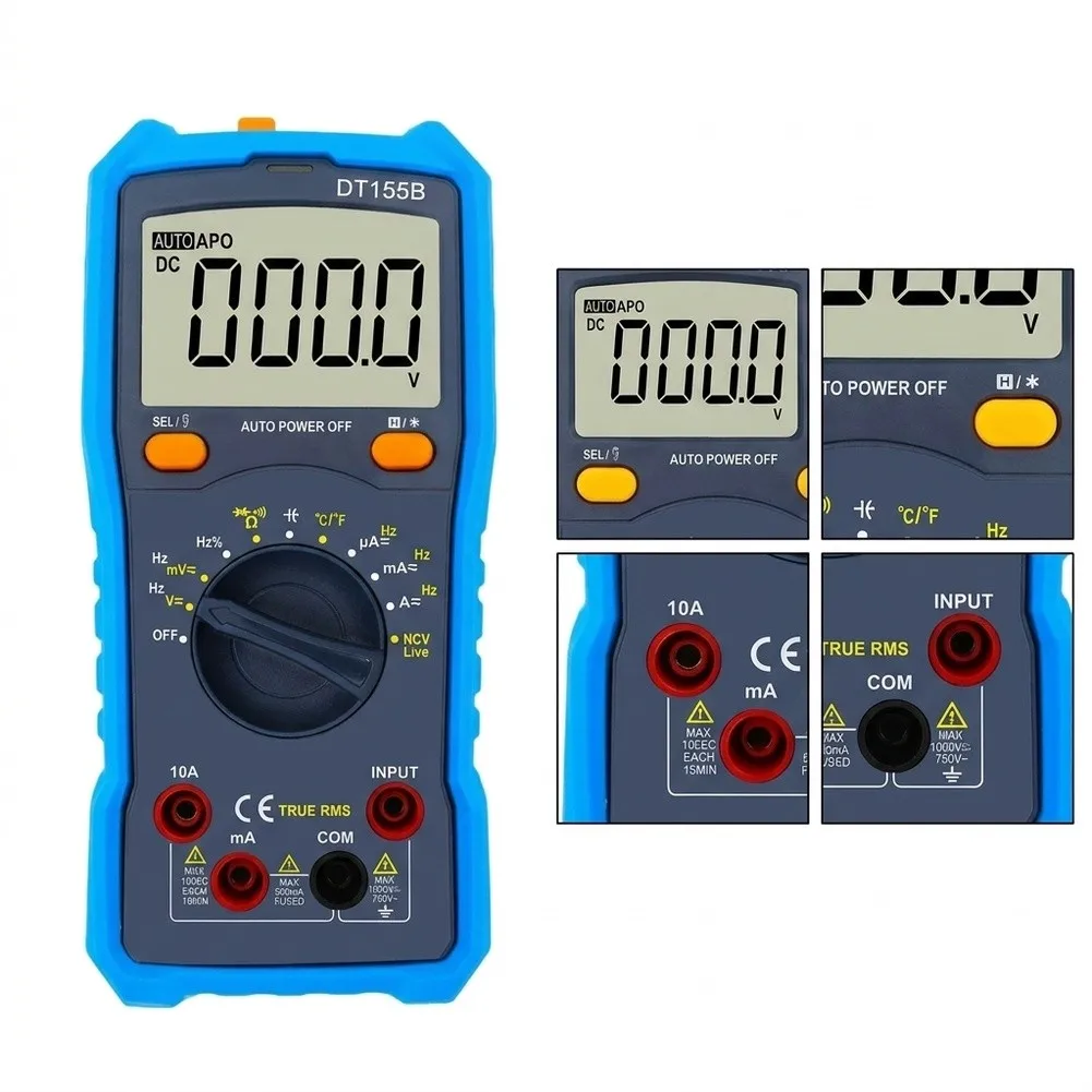 DT155B Digital Multimeter Auto Range 5999 Counts True AC DC Voltage Current Resistance Capacitance Frequency Duty Cycle Temp