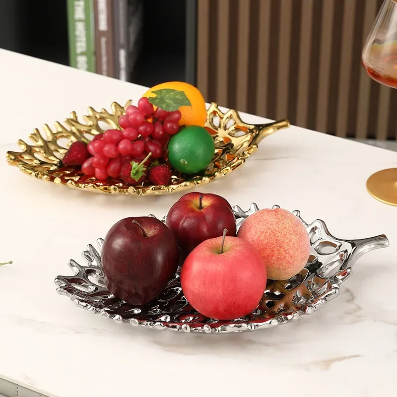 Perforated Ceramic Fruit Plate Golden Leaf Plate Desktop Storage Container Leaf Dish Storage Tray Home Decoration Accessories