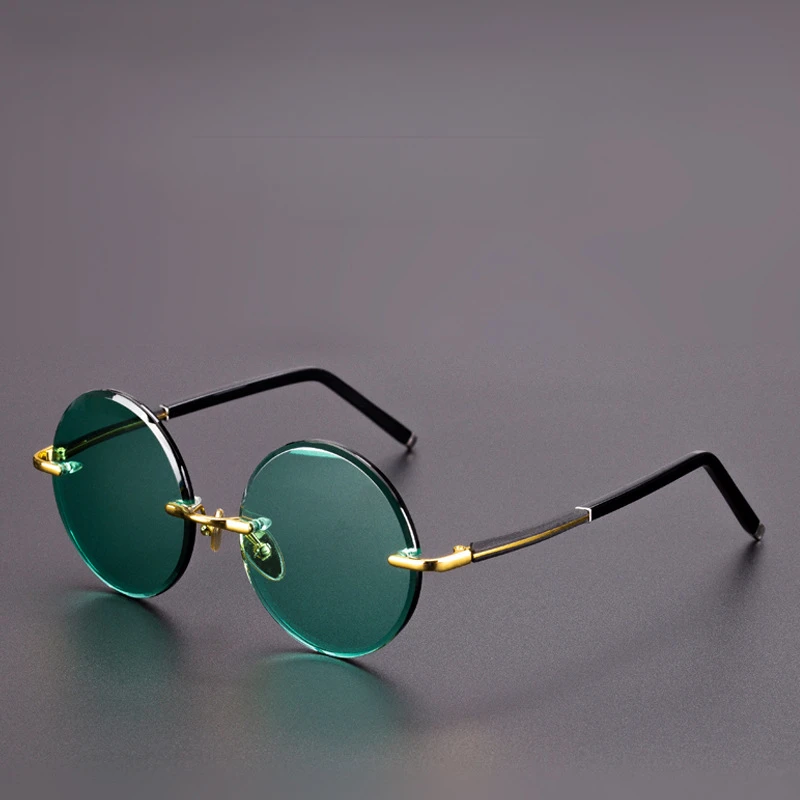 Dark Green Crystal Sunglasses High-quality Retro Round Frameless Alloy Trendy Men and Women Outdoor Fashion UV400 Sun Glasses