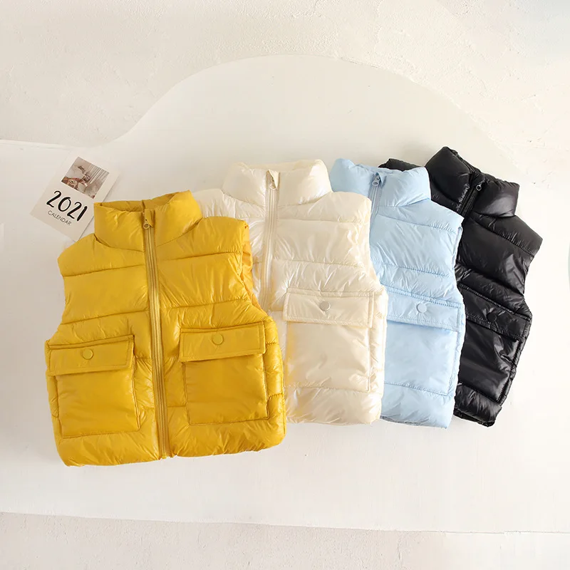 Boys Girls Thick Down Vest Autumn Winter Thick Cotton Coat With Pocket Zipper Baby Clothing Children\'s Lapel Cardigan Warm Coat