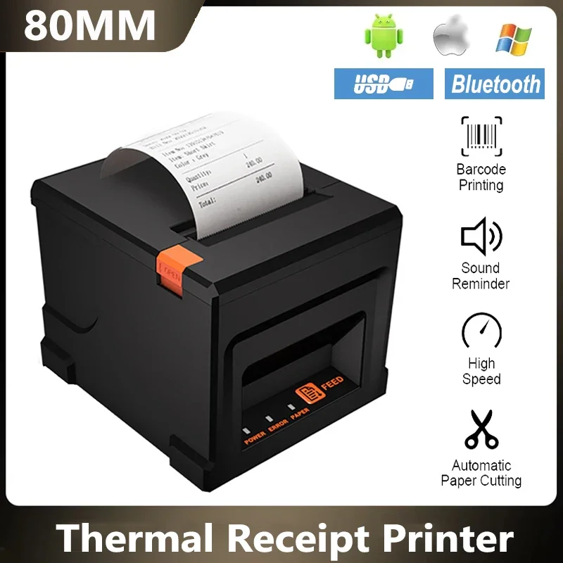 80mm Thermal Receipt Printer Automatic Cutter Restaurant Kitchen Multi-Functional POS USB Serial LAN Bluetooth Desktop Printer
