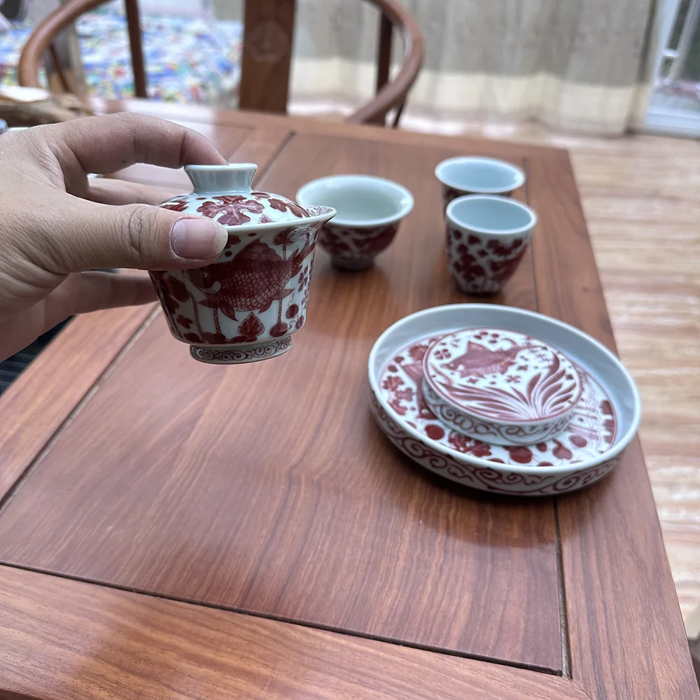 Jingdezhen Handmade Wood Kiln Alum Red Fish and Algae Pattern Gaiwan Tea Cup Pot Tray Two Small Cover Bowl Kung Fu Rock