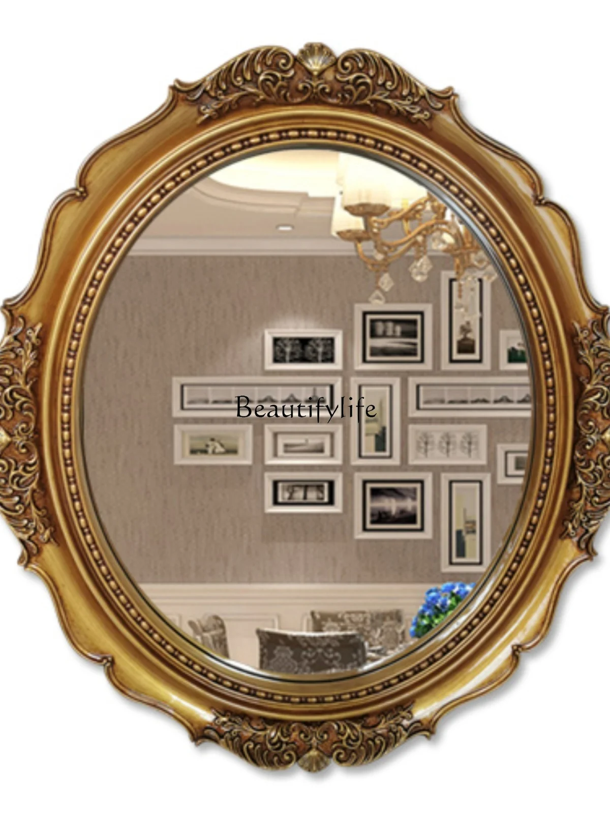 

American Retro Oval Hanging Mirror Bathroom Wall Carved Decorative Mirror