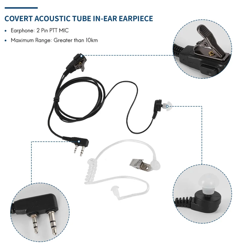 Fone de ouvido intra-auricular com microfone ptt de 2 pinos, tubo acústico oculto para UV-5R -888S, acessórios de rádio cb