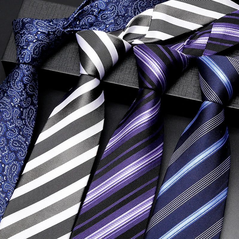 Guaranteed 100% Silk Ties for Men 2024 New 8cm Business Necktie High-end Jacquard Weave Striped Wedding Tie Purple Blue Gift Box