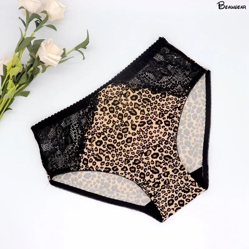 Beauwear środkowa talia Leopard kobiety odzież krótkie majtki Sexy koronkowe majtki Plus rozmiar bielizna damska Sexy Lingeires dla pań