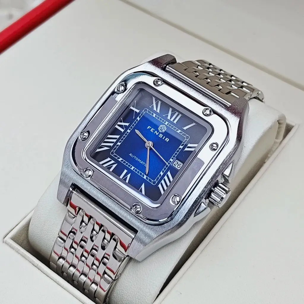 ساعة رجال الأعمال الفاخرة من سلسلة Santos Tank، مينا مربعة، مع عرض التقويم، حزام مشبك على شكل فراشة من الفولاذ المقاوم للصدأ، ساعة يد رجالية عصرية كاجوال وبسيطة وأنيقة، أفضل هدية له