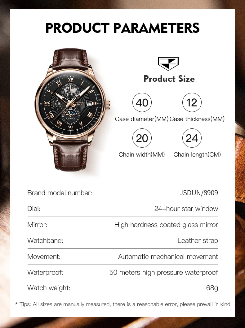 JSDUN 8909 Top Brand Mechanical Watch For Men 24 Hours Display Original Wristwatch Moon Phase Waterproof Classic Man Watches