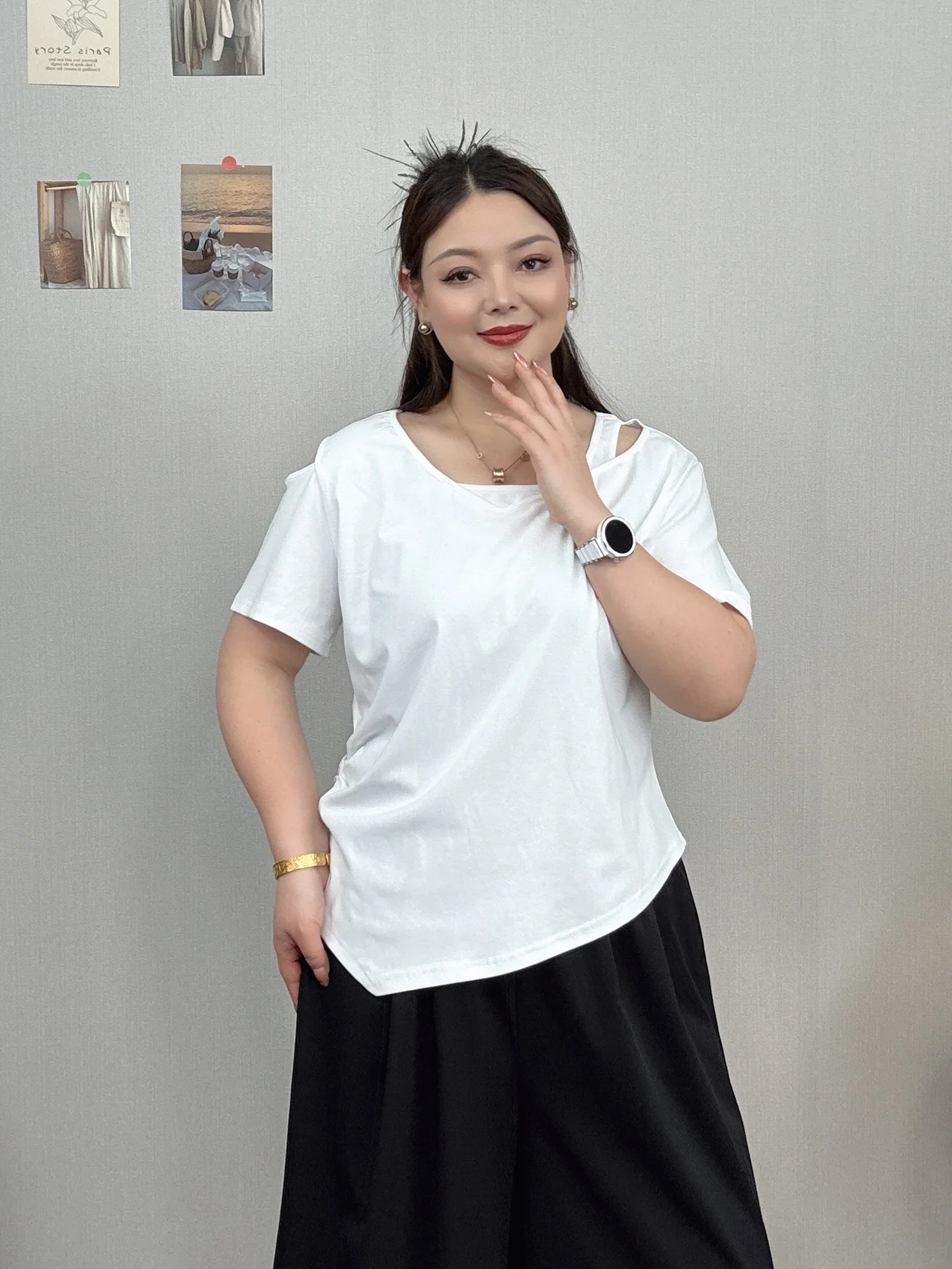 

Summer Casual plus Size Women's T-Shirt Shoulder Bared Short Sleeve Pleated Slimming Top Versatile Folded Design Cover Meat