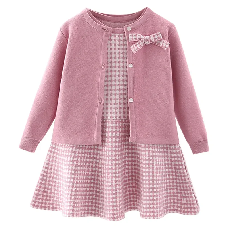 Girls\' knitted dress 2024 new baby sweater set children\'s knitted sweater jacket vest skirt two-piece set thickened for warmth