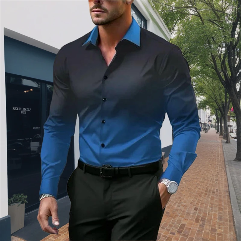 8 -color gradient men\'s new casual personality trendy men\'s long -sleeved 3D printed shirt large size shirt men\'s clothing