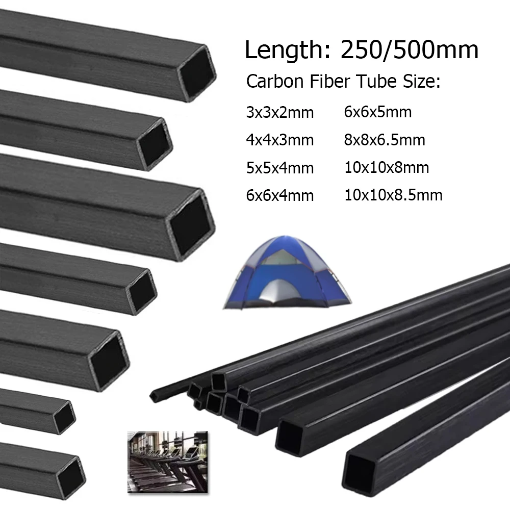 Tubo cuadrado de fibra de carbono, 1/2/3 Uds., 250mm/500mm de longitud, 3mm ~ 10mm, ligero y duradero para proyectos de bricolaje
