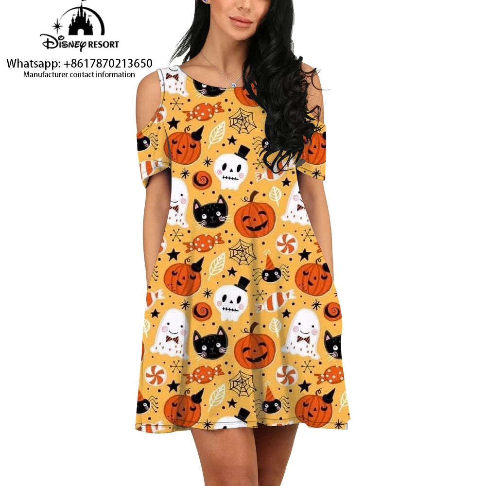 Summer 2024 New Fashion Women's Casual 3D Dress Halloween Mickey Cartoon Print Round Neck Off Shoulder Dress