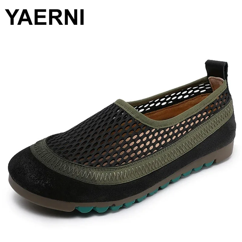 

Spring/Summer New Retro Genuine Leather Color blocked Breathable Mesh Sandals Soft Bottom Casual Hollow Women's Shoes