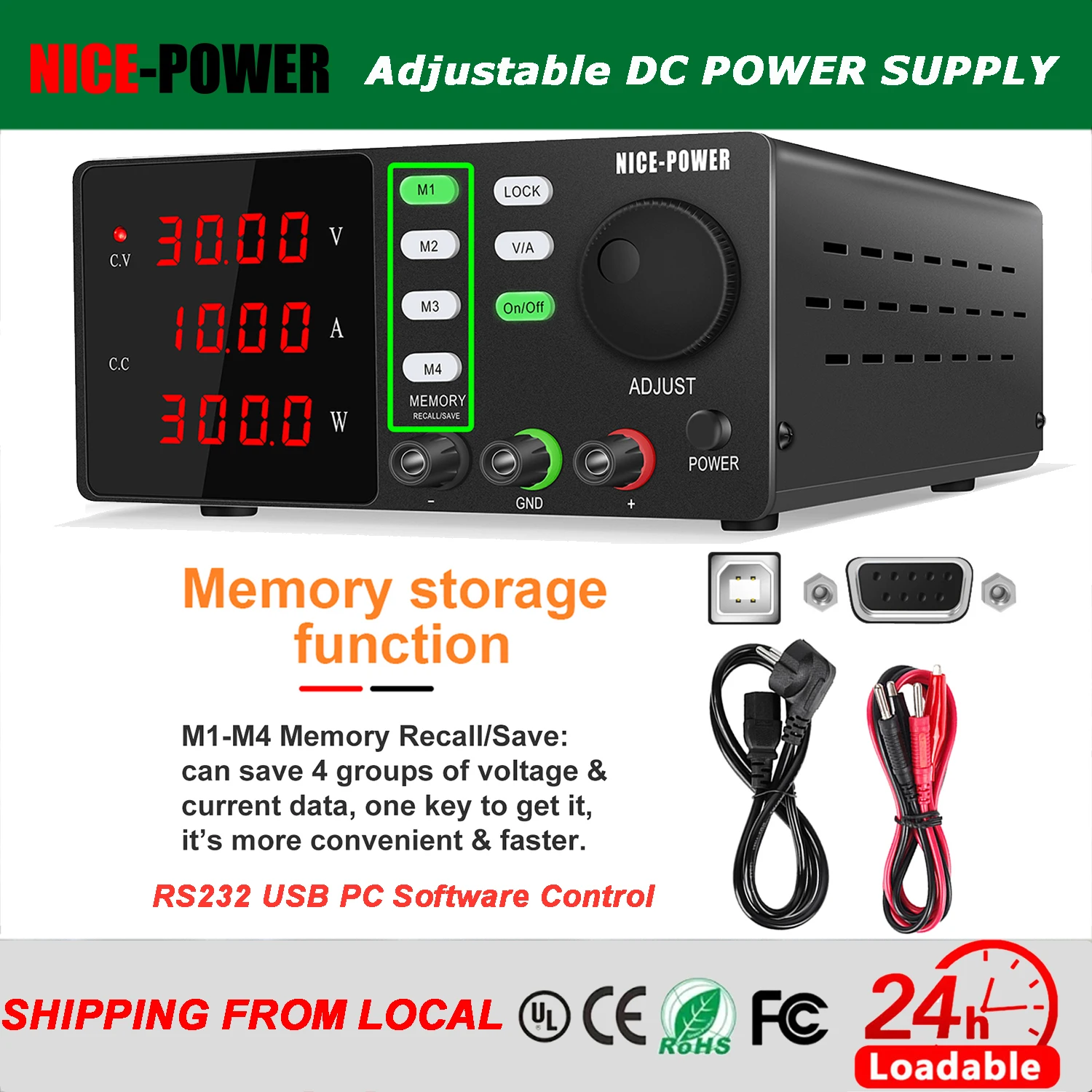

NICE-POWER DC Lab Power Supply 30V 10A 5A Adjustable Power Source For Phone Repairing RS232 USB PC Software Control Data Memory