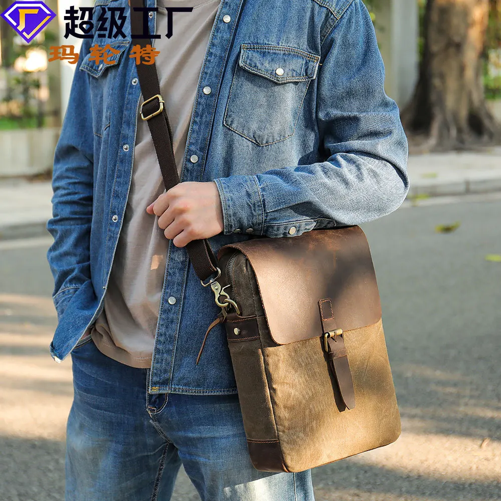 New Men's Bags Canvas Crossbody bag Vintage Leather Business Shoulder Bag Fashion Large Satchel Travel Phone Money Pack Purse