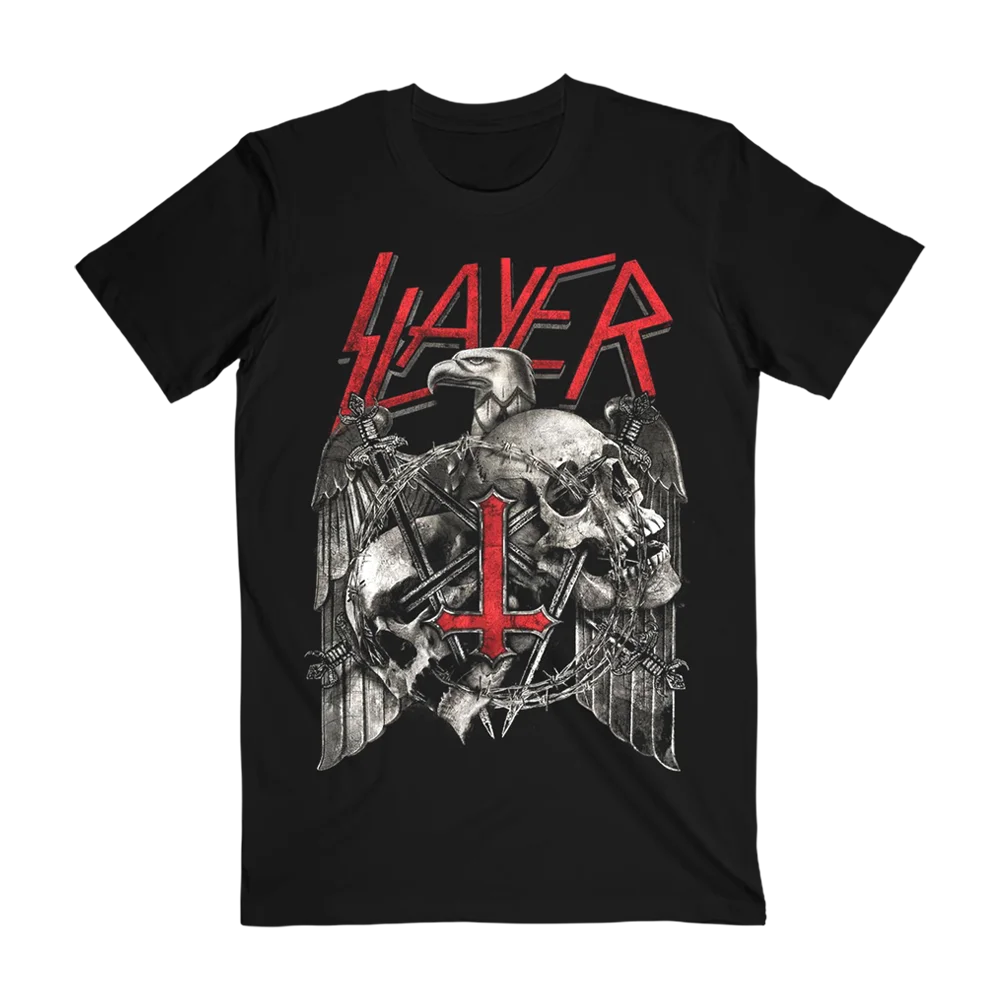 Slayer Dark Themed Graphic T-Shirt – Red Logo & Skull/Eagle Anti-Symbol Print Cotton Apparel for Thrash Metal Fans