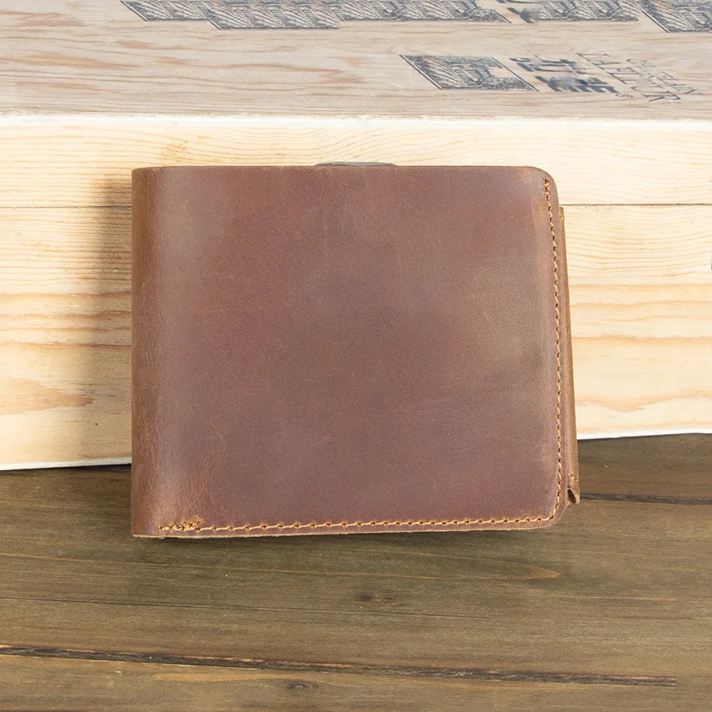 Handmade Mens Leather Wallet Vintage Crazy Horse Top Grain Cowhide Designer Trifold Billfold Personalized Short Pocket Purse