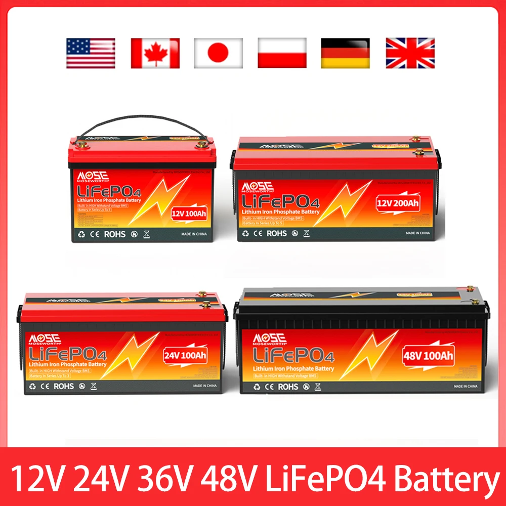 12V 24V 36V 48V LiFePO4 Battery Built in BMS 50Ah 100Ah 200Ah 300Ah Lithium Battery Rechargeable Deep Cycle for RV Golf Cart