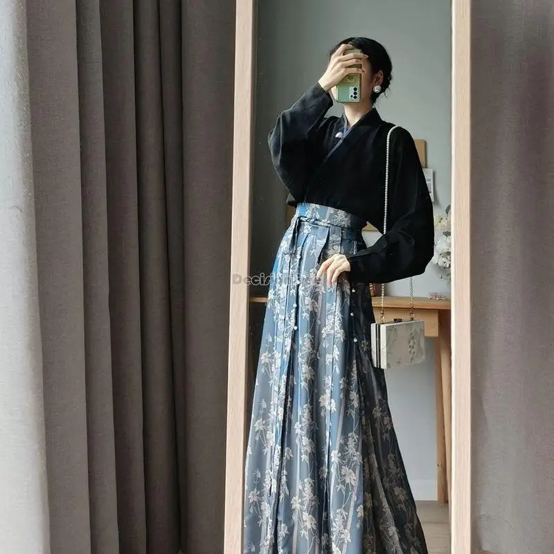 2025 improved chinese song dynasty hanfu female retro daily casual spring summer long sleeve top printed skirt two pieces set