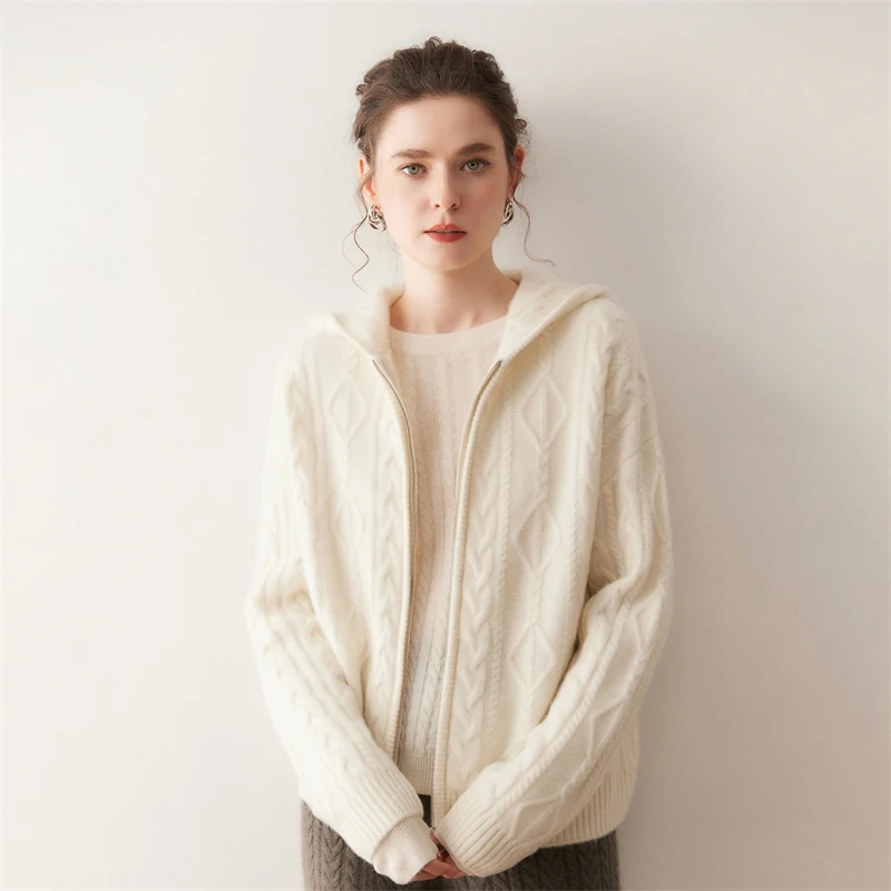 Manteau à fleurs torsadé avec fermeture éclair pour femme, Cardigan Chic de luxe tricoté en cachemire, à capuche, pull épais de haute qualité, automne et hiver, 100%