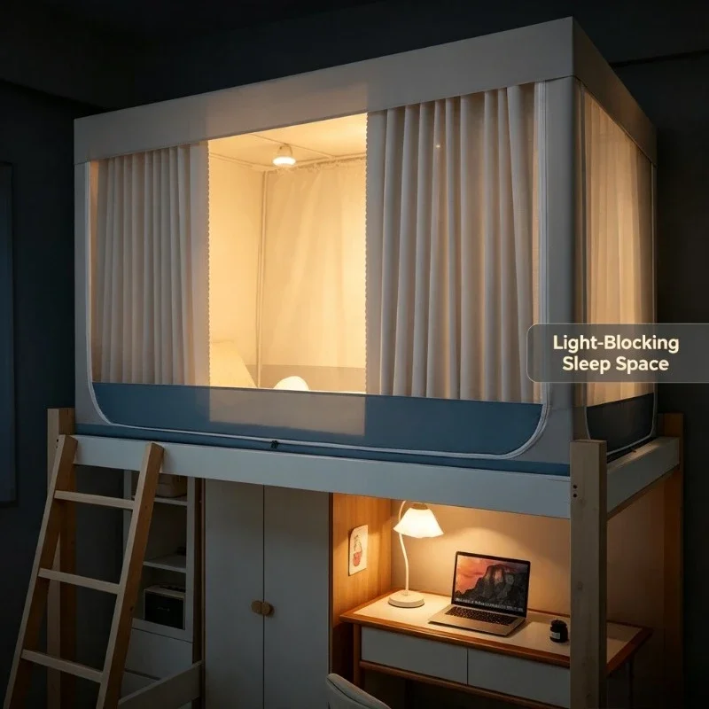 yesOne-Piece Blackout Bed Curtain Mosquito Net Full Enclosure for Bunk Bed Dormitory Use