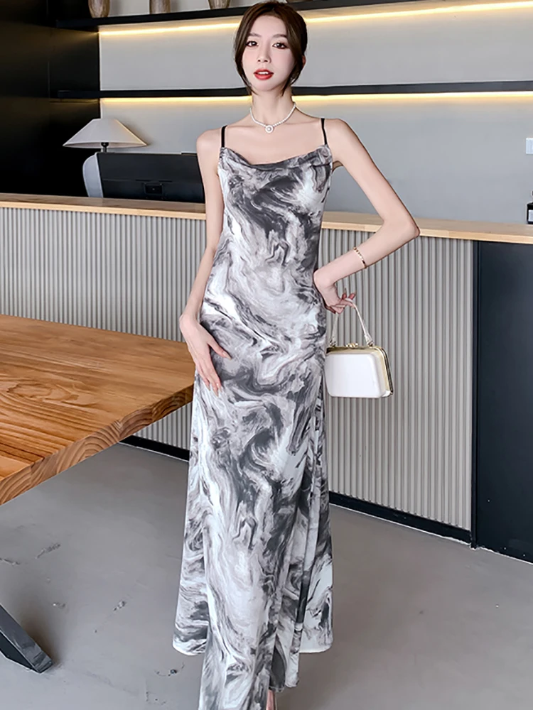 2025 nova impressão chique sem costas sexy estilingue vestido longo feminino elegante arco bandage vestido de verão coreano bodycon festival vestido de noite