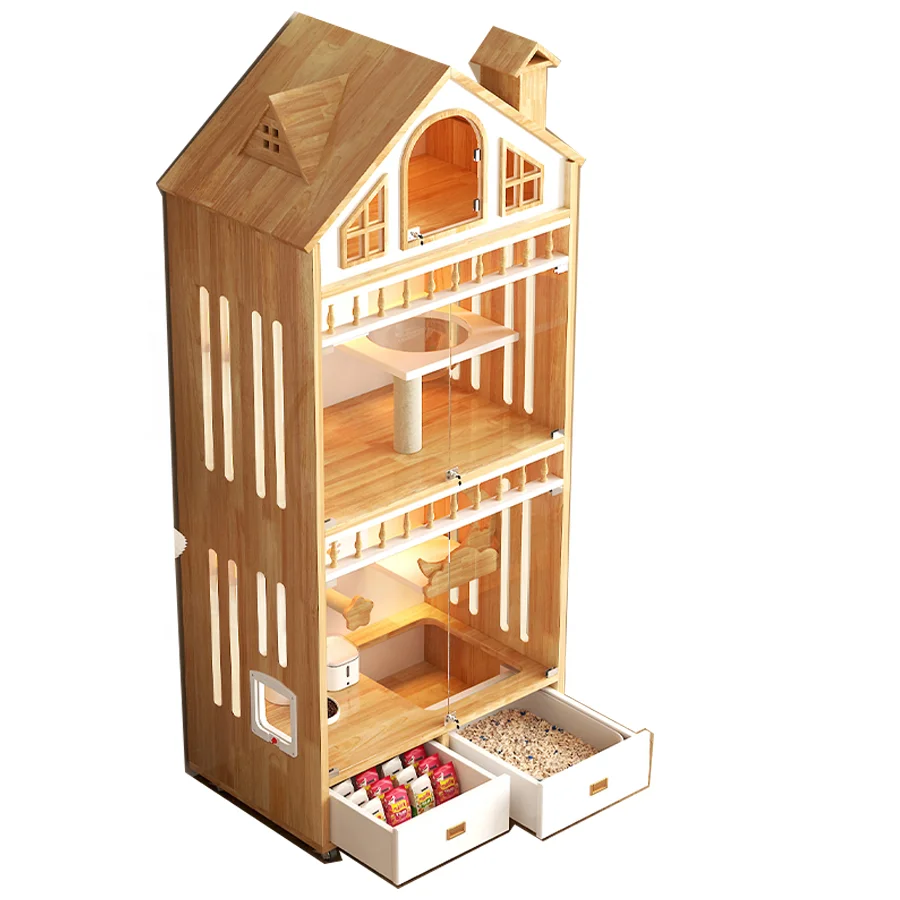 Modern Sustainable Eco-Friendly Outdoor Cat Villa Cage Solid Wood High Transparency Glass Folding Breathable Customizable