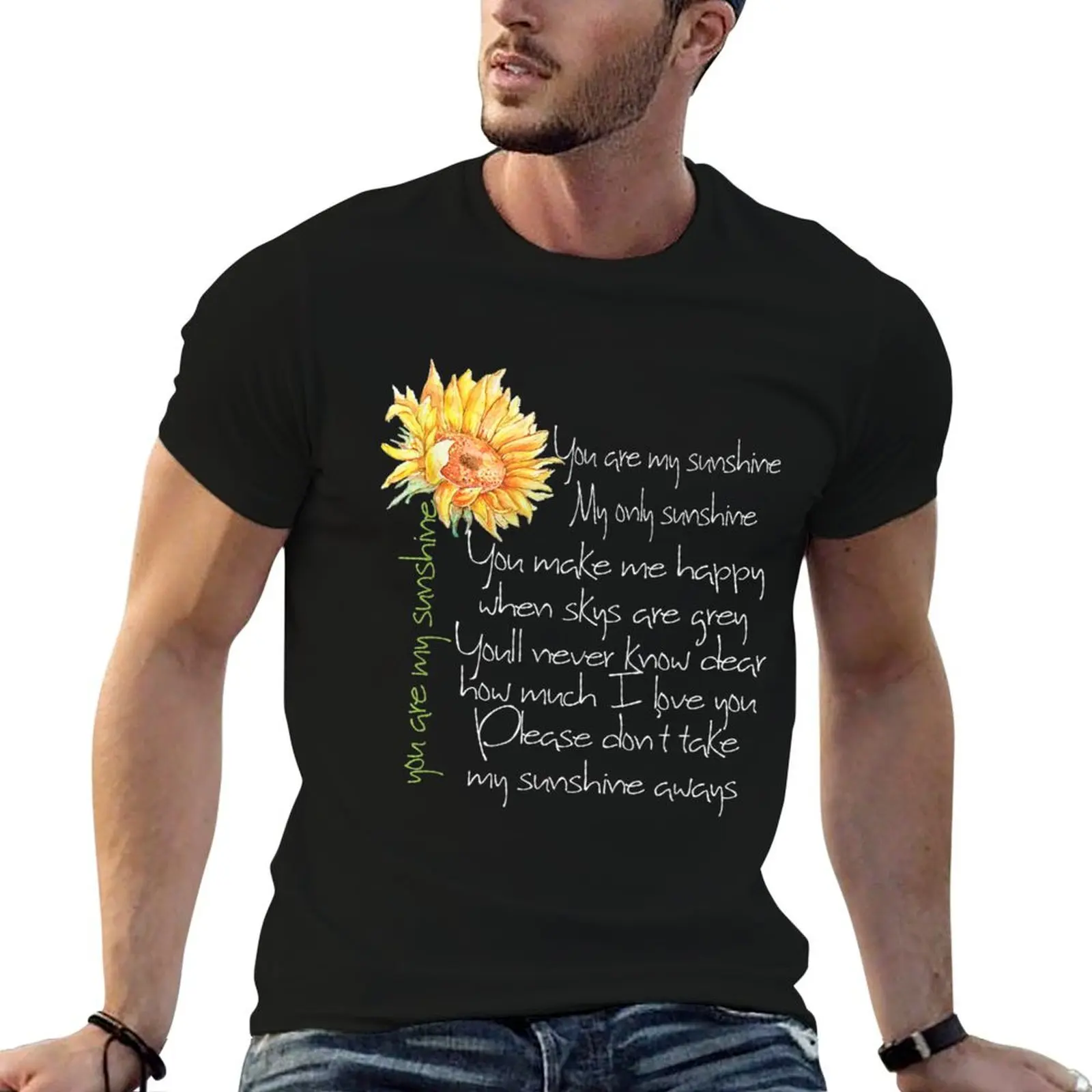 

You Are My Sunshine Sunflower Hippie T-Shirt blue archive man t shirt Men's cotton t-shirt