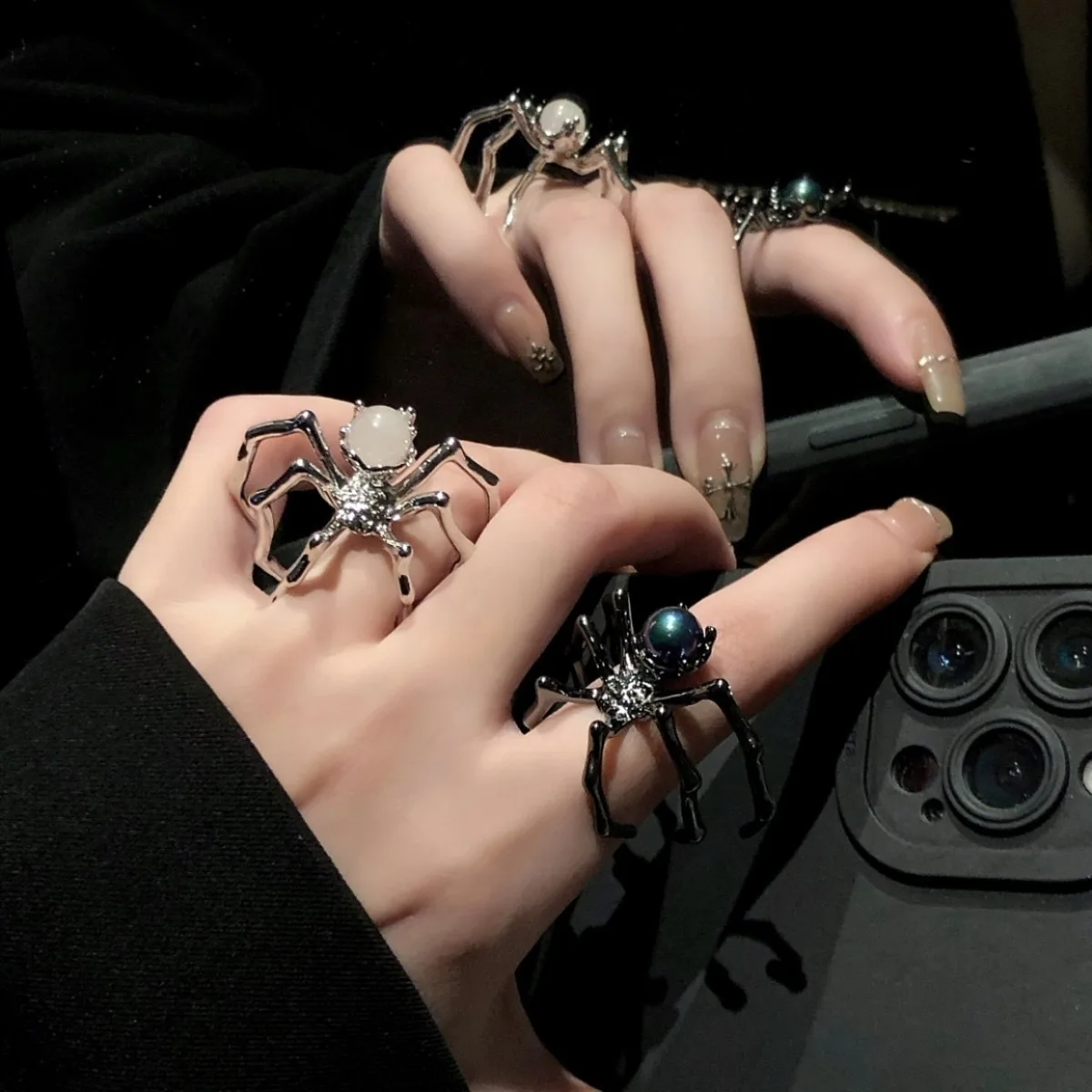 Gothic Black Spider Micro Inlaid Moonstone Pearl Opening Ring Halloween Retro Punk Fashion Jewelry Women Gifts view 3