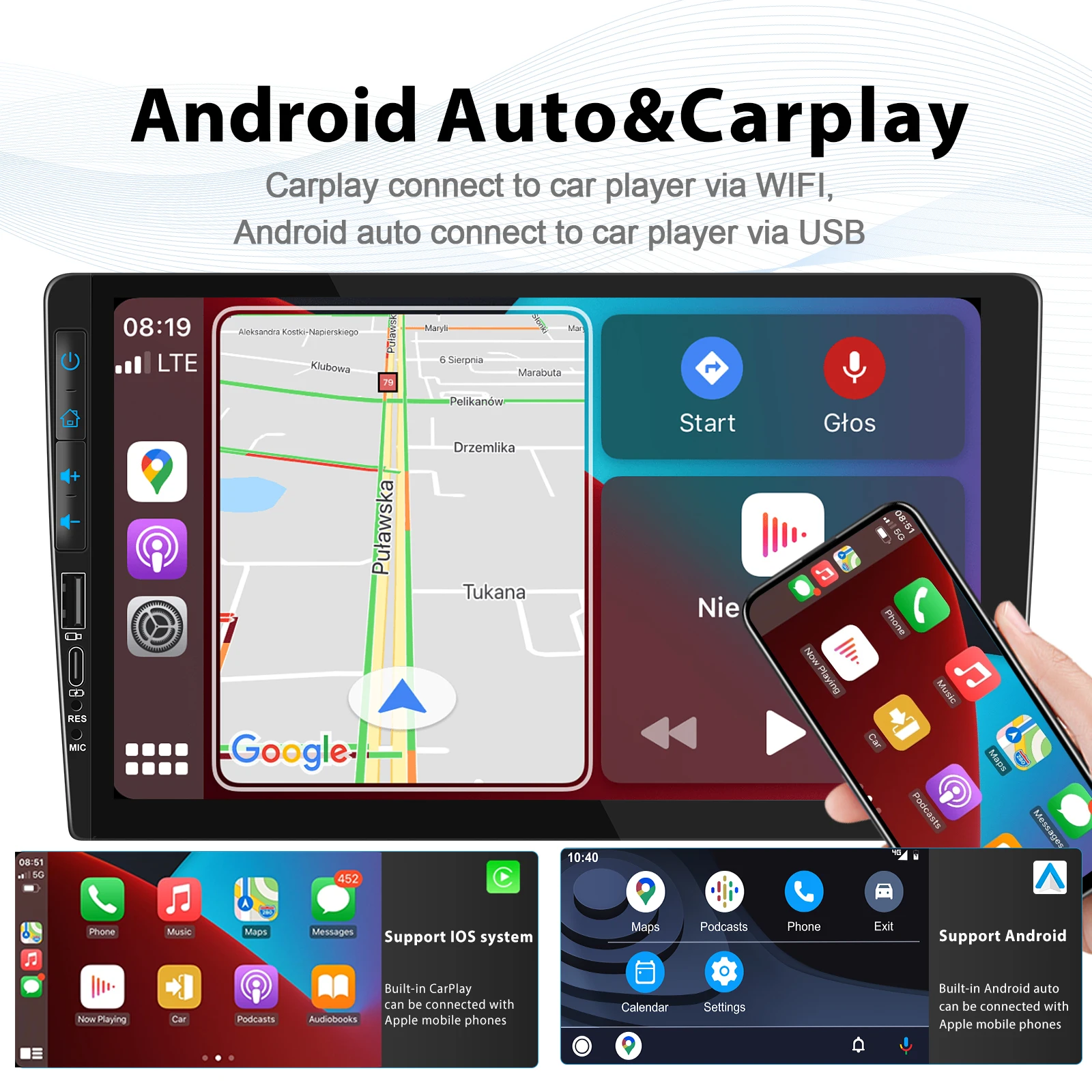 Podofo 1Din 9''  Android 2+64G Carplay GPS Car Radio Carplay Auto Radio Stereo Player WIFI GPS Car Multimedia Player