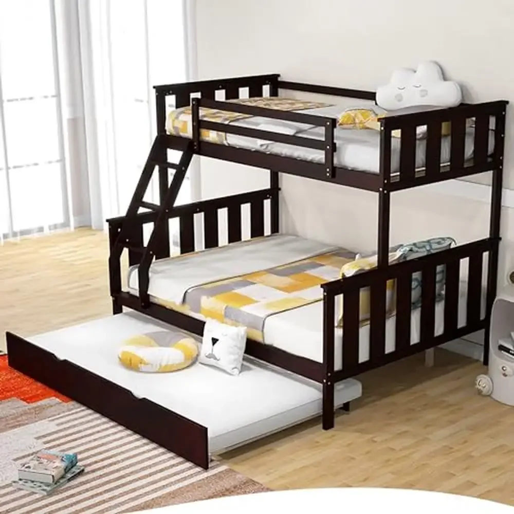 

Solid Pine Twin Over Full Bunk Bed with Trundle No Box Needed 250/400 lbs Capacity Guardrails Convertible Separable Beds